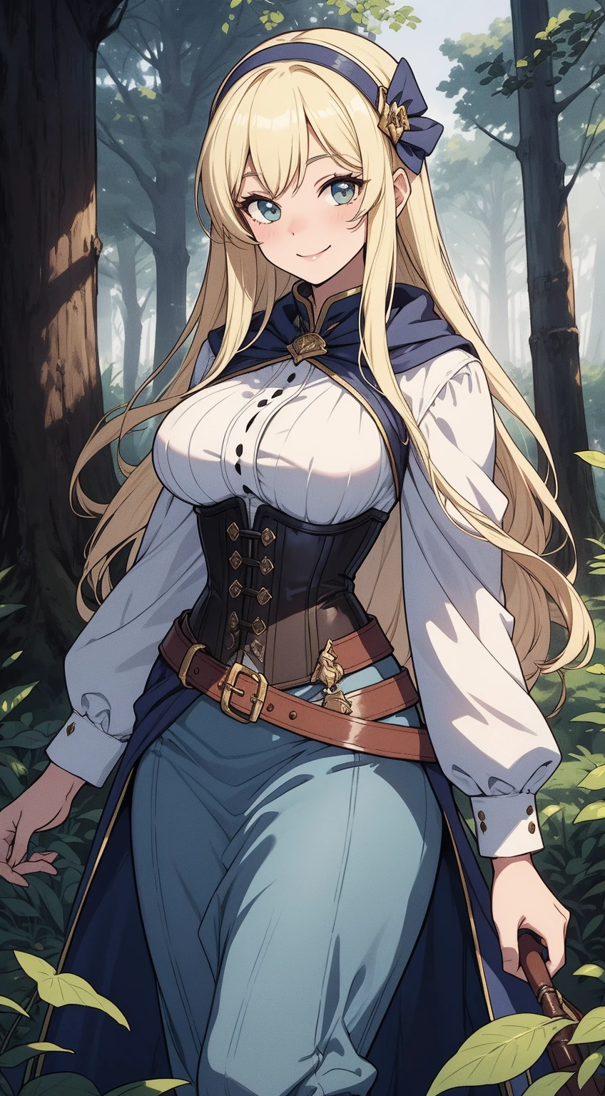 ((Best quality)), ((Masterpiece)), (detailed), perfect face perfect figure, Middle Ages, forest background, Sorceress Woman, woman in a robe, Golden hair, Blue eyes, tight blue robe, medium breasts, Shoulder length golden hair, middle-aged woman