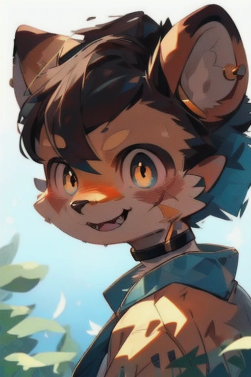 In the heart of the enchanting scene, a handsome and fierce wolf cub lies down in the lush green grass, basking in the bright sunshine. With a shy demeanor, he covers his exquisite eyes sheltered by black soft wolf ears, while his delicate hook lines and fine hair reflect the delicate style of the scene. The juvenile's blue pupils exude an air of youthful energy, making him the focal point of the flat lay. His top half is bare, showcasing his thin but toned body, contrasting against the loose shorts that rest at his hips. Pink meat pads peek out from the openings of his shorts, adding a noticeable