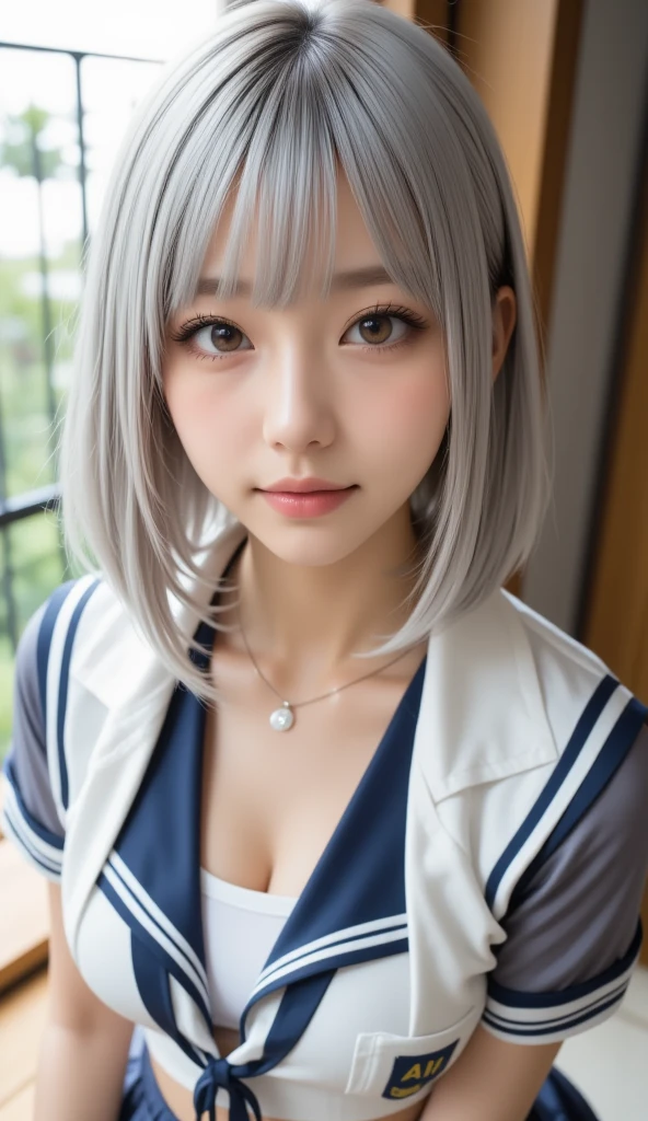 (Silver Hair))、((Short Hair))、Fox Ears、Japanese women、high school girl、16 years old, Anatomically correct, Perfect Anatomy, very cute, beautiful, (Sailor suit:1.2), ((Embarrassing:1.3)), blush、(classroom、Sitting), (masterpiece、Highest quality:1.3)、Best lighting、High resolution、(8k, High resolution:1.2), (photograph, Realistic:1.2)、Cowboy Shot、The face is in focus、(concentrate, Symmetrical pupils:1.2)、beautiful肌、Natural Makeup、Gloss Lip, High-definition hair texture, (View your viewers:1.2), Medium Hair (Multiple Angles:1.2), (Small breasts, Cleavage:1.1), (hug my chest:1.1)