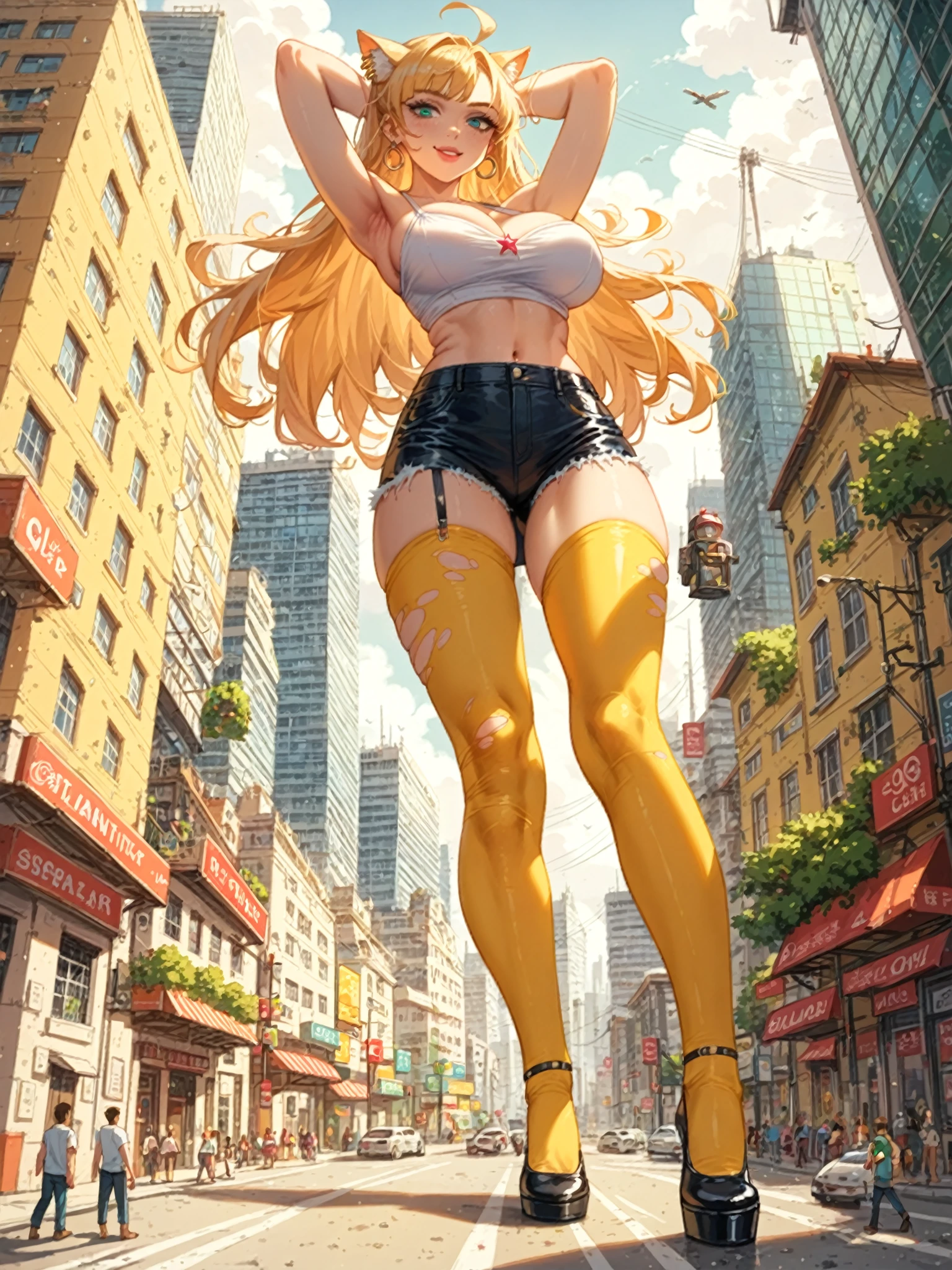 Giantess with small firm tits, long sexy legs, yellow hair and in a bikini walks around destroying the city at her feet, while people run away from her, so as not to be crushed to death. Giantess, goddess, macrophilia, curvaceous body, hentai, fetish, sexy legs, bikini, high heels, high quality