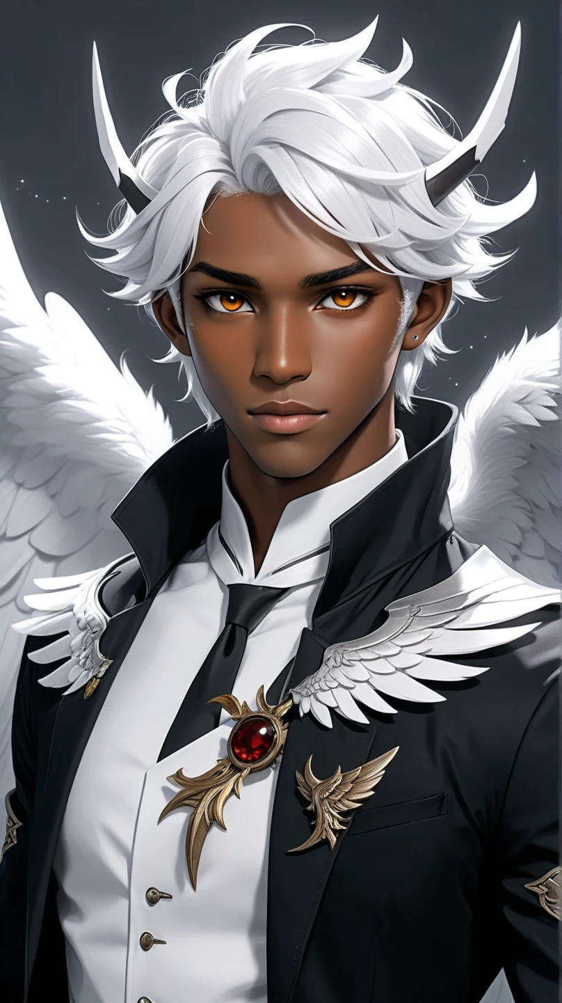 1 Boy, white hair, dark brown skin color, black feathered wings, Blindfolded, Dark clothes