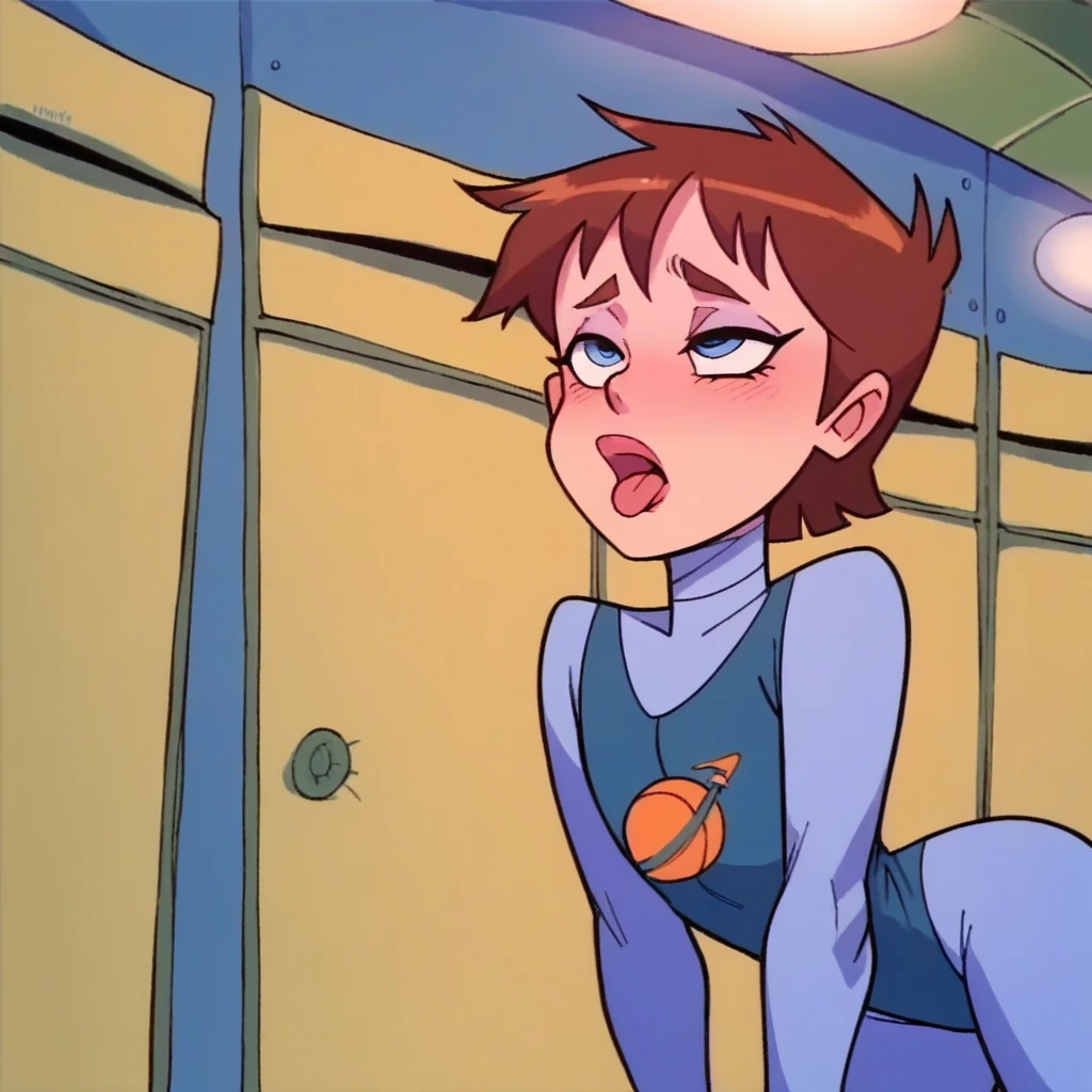 gw_n, 1girl, pale skin, green eyes, short orange hair, blue hair clip, sapphire earrings,
 score_9, score_8_up , ass spread , bent over , hot
