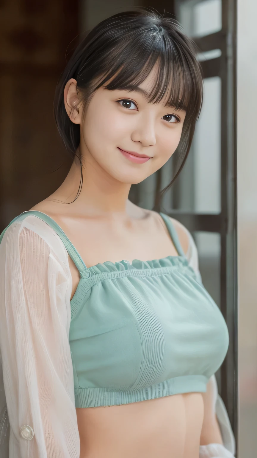 an unrivaled masterpiece、 table top, Top quality with beautiful eyes, shape, Grand Prize Winner 、 very detailed, is fine, portable , 8K Wallpaper, perfect dynamic shape , balance eyes、 , gentle expression、 ( Big Actress、 beautiful 、big breasts、 gingham check underwear、panties) ( Full Body、 black hair、tousled hair、 2 people side by side 、bra姿に ) Please stand with a nice smile 、bang、 baby-like face、 front portrait 、an unrivaled masterpiece、bra