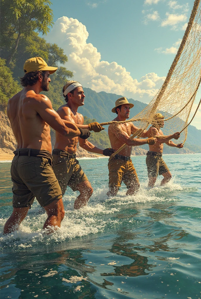 1 God fisherman with blonde curly hair and small muscles ,1 god fisherman with long black and red hair with huge muscles ,1 god fisherman with brown short curly hair small muscles ,catching hug fish with animated face strong jawline