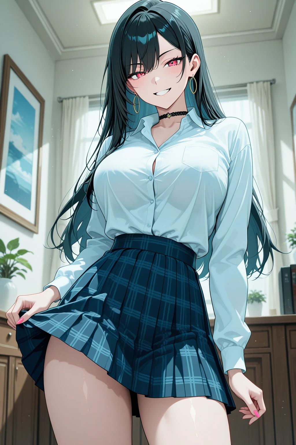 1 mature girl, beautiful face, blue eyes, red cheeks, smile, long straight hair, black hair, long bangs, seky body, colossal tits, overmany, big and droopy, big titietra, wide hips, School uniforms, mini skirt, tight shirt, Bathing panties, pink panties