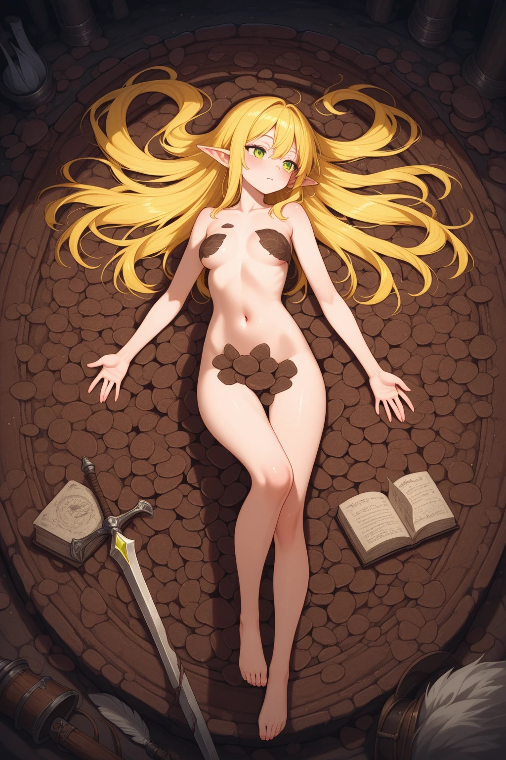 Kuroboshi_Kouhaku style, abigail_williams_\fgo\), ((topless)), nsfw, masterpiece, black thong, solo, 1 girl, erect nipples, nipples, navel, bare breasts, bare stomach, full body, candles, horror, catacomb, dark, thin body, collarbones, slim waist, blonde, long hair, detailed eyes, beautiful eyes, blue eyes, necklace, pale skin, purple skin, forehead, staff, gold bracelet, levitating, smiling, sweaty body, flat chests