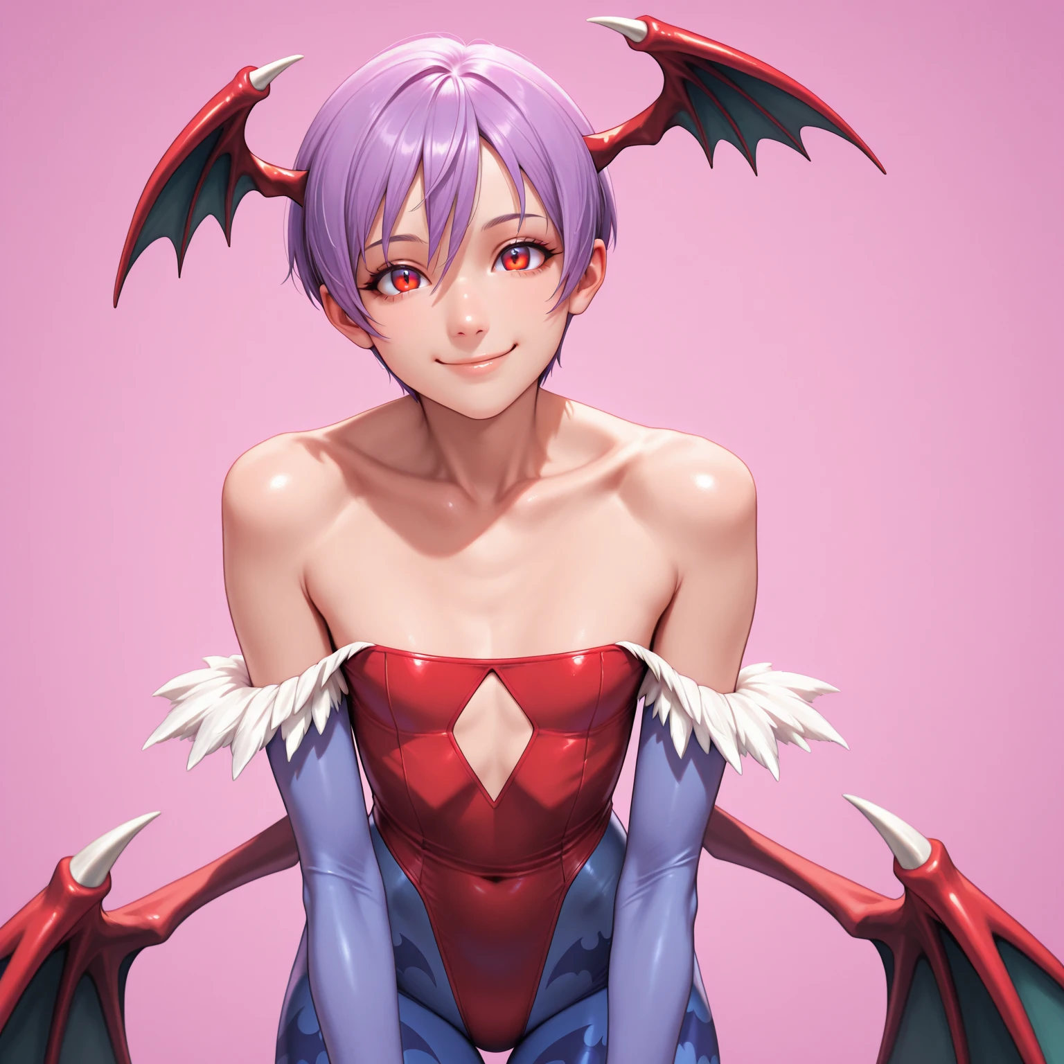 ((Lilith Aensland)) together, bright lilac short hair, olhos vermelhos brilhantes, asas de morcego vermelhas nas costas, red bat wings on head, black swimsuit, Light blue skin-tight pants with silhouette prints of blue bat symbols on light blue skin-tight pants, botas vermelhas de cano curto, shadows neon lighting, warm lighting, a noite, ao estilo realista. 