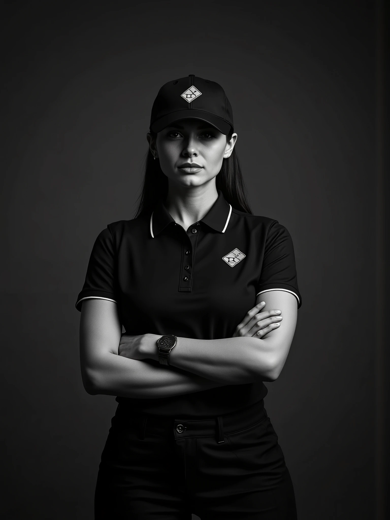 Ultra-realistic editorial-style image of a poised female pizza delivery worker, captured in a high-fashion magazine composition against a dark, minimalist backdrop. She stands with confident posture and crossed arms, wearing a sharp Domino's uniform—black polo with refined blue trim and perfectly placed embroidered logos. Her skin is flawless and unmarked, with no visible tattoos, and her clean look is enhanced by soft beauty lighting that contours her cheekbones and gives depth to her expression. Her black visor casts a subtle shadow over her eyes, creating a sense of intrigue. The scene is composed with precise symmetry and dramatic contrast, using a charcoal-gray background with a soft gradient fade. Stylized rim lighting adds an editorial glow around her silhouette, evoking the atmosphere of a fashion shoot. The overall tone is modern, professional, and bold—rendered in rich HDR, with crisp textures and elegant shadows, inspired by magazine covers like Vogue Workwear or GQ Studio Profiles.