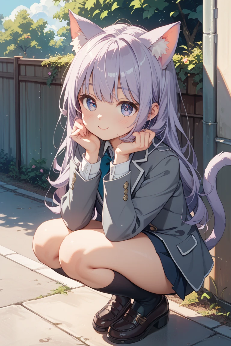 horikoshi kouhei, 1girl, absurdres, White hair with lilac highlights, desfocado, fundo desfocado, boku no hero academia, chama kou, highres, olhando para longe, Chesire Cat Hybrid, smiley , light blue eyes , Long hair, long nail’s, tail cat, black cropped, white skirt, shoes