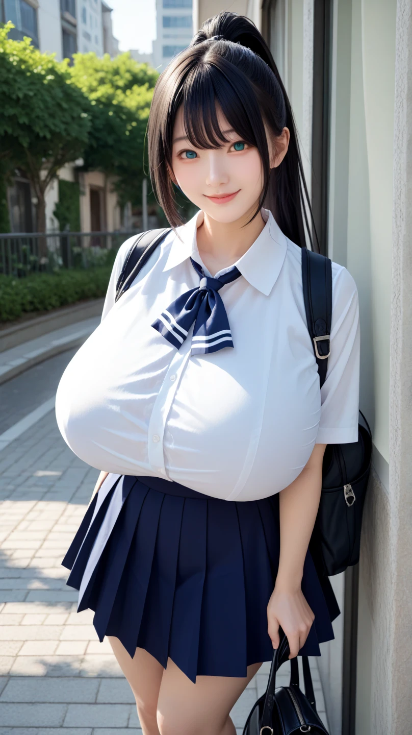 top-quality、Beautiful skin、(huge beautiful breasts、Ultramammy:1.5),(Very slender、Twin-tailed、very short short skirt、elementary student、Sexy Fashion、School Backpack、School route、You can see the crack of the buttocks:1.5),