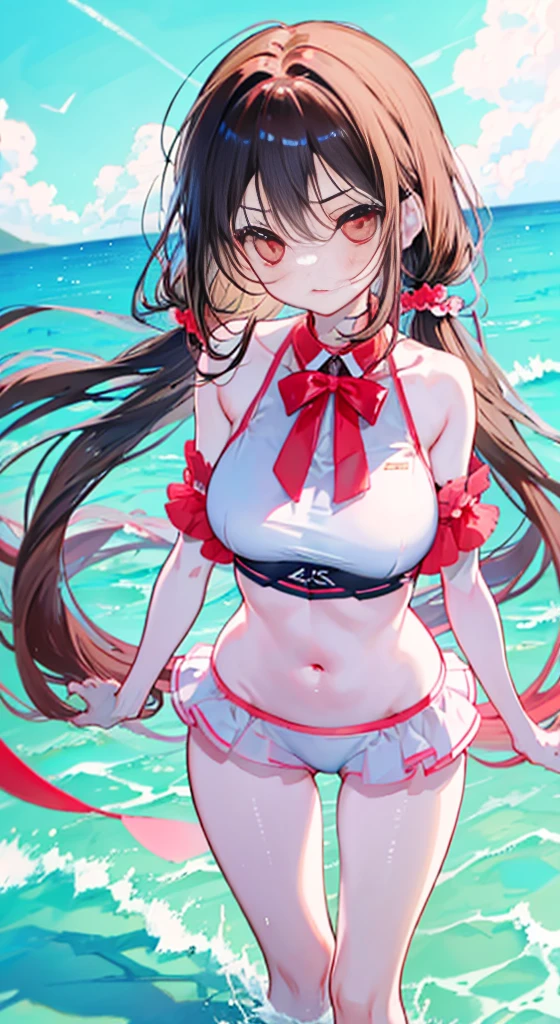 best quality, Ultra High Resolution, 1girl, mischievous smile, (long red brown hair:1), ((swollen eyes)), look at me, full body, Smile at me, red eyes, (((flower pupils)) ), sweet, beautiful, (on the beach at night with a starry sky and a full moon in the sky), (wearing a micro bikini), muscular legs, muscular belly, wide hips, big ass, medium breasts, attentive, love me with everything heart, Ultra HD,