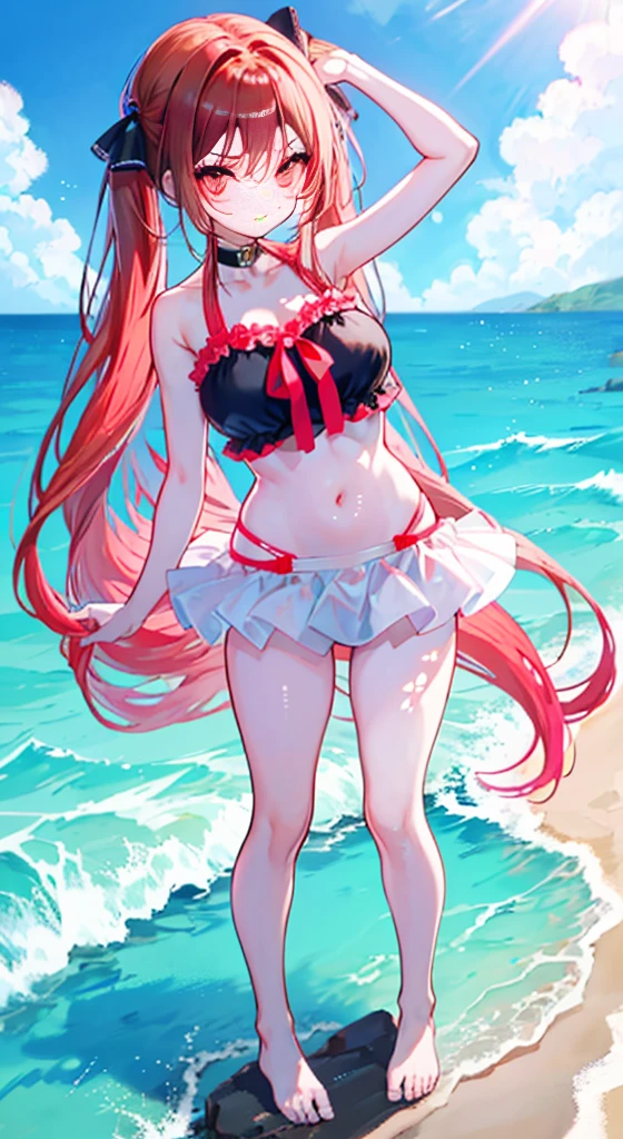 ((Highest quality))((High resolution))nakano itsuki, Red long hair, Star hair ornament, Ahoge, bikini, smile, Big Breasts, Beach,((see through bikini)),((erect nipples))