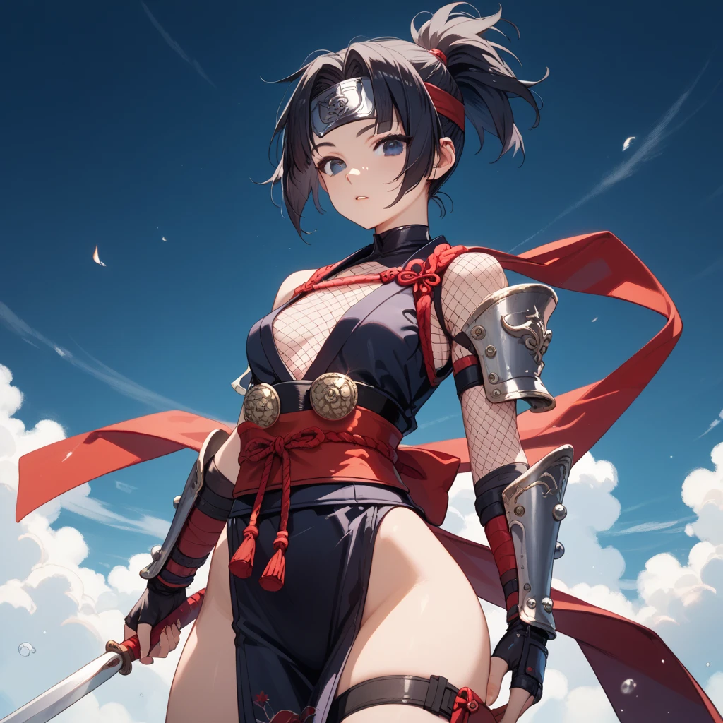 Black leotard、Female ninja、modern style、Black Hair Girl、Equipped with a railgun、Red upper body armor