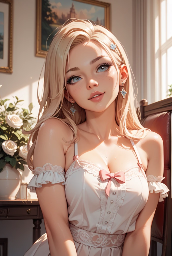 (Blonde stunning hair), (blue eyes), blue necklace, Golden earrings, Fit, Gorgeous Body, gorgeous, brown eyebrows, (two moles over lip), big pupils, (23 years old), 1girl,solo, complex skin, warm light, (large breasts), wide thighs, round butt, 5 fingers, ((blushing)), ((detailed face, best quality)), (masterpiece)), ((ultra-detailed)), (beautiful detailed eyes), red lip, eyeshadow, beautiful face, long hair, very detailed eyes, intricate details in eyes, perfect lips, good lighting, cleavage, ((disgusted mean face)), wearing casual revealing hot clothes, in a bedroom, knees apart, wearing white socks, socks Infront of the camera, show socks, focus on socks