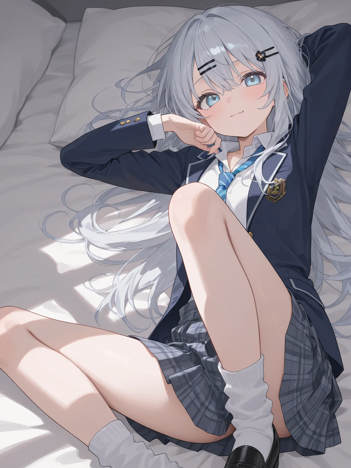 (Cute girl:1.5),(White stockings:1.2+White color hair:1.2),(cat ear:1.2),a sailor suit,long whitr hair,Beds