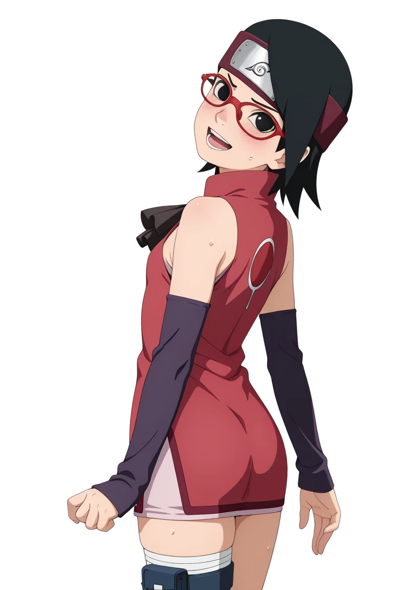 (standing alone:1.5),(work of art), (best qualityer:1.3), アニメ, hentai, ultra detaild, intricate, professional art, digitl art, absurderes, 1 girl, wet pussy, no pants, Sarada Uchiha posing on the the sidewalk wearing bodycon-minivestido, pear-shaped body, (hips wider than shoulders:1.4), (bodycon-minivestido:1.3), pretentious smile, Bblack hair, shorth hair, headband, cups, black eye color, Sarada_Uchiha,thick-thighs, flat-chested, bubble butt, from front view, huge  ass, Broad Hips, rough hips, arm gloves, Stockings, (flat-chested:1.2), pretentious smile, bulging pussy, (swollen pussy:1.2), pussy leaking cum on inner thighs, Skirt lifter,showing pussy
