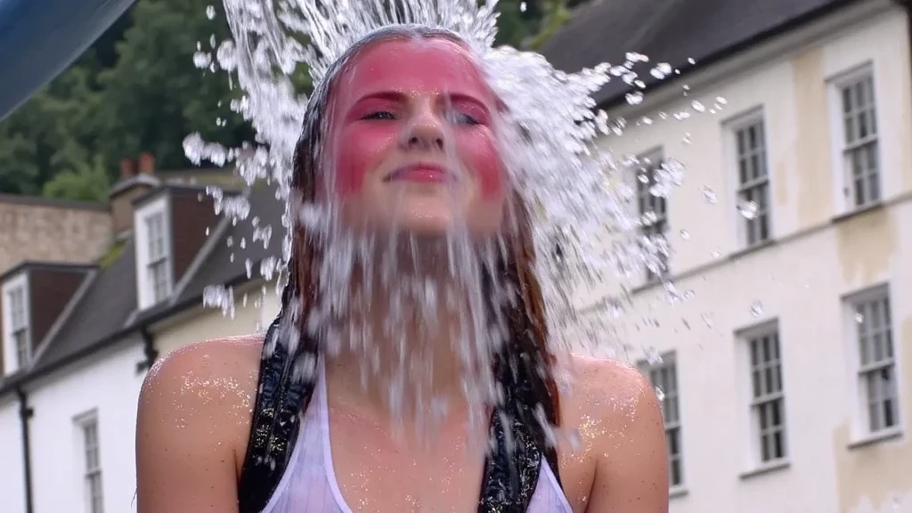 (competition, messy), (1woman), (leggings), (target of a pie throwing competition). Watch as she gets hit with an abundance of whipped cream pies to the face. It's a (messy game) and (wet and messy) experience that will leave you in stitches. (Pie throwing) and (pie fight), with (flying cream) and (thrown pies galore)