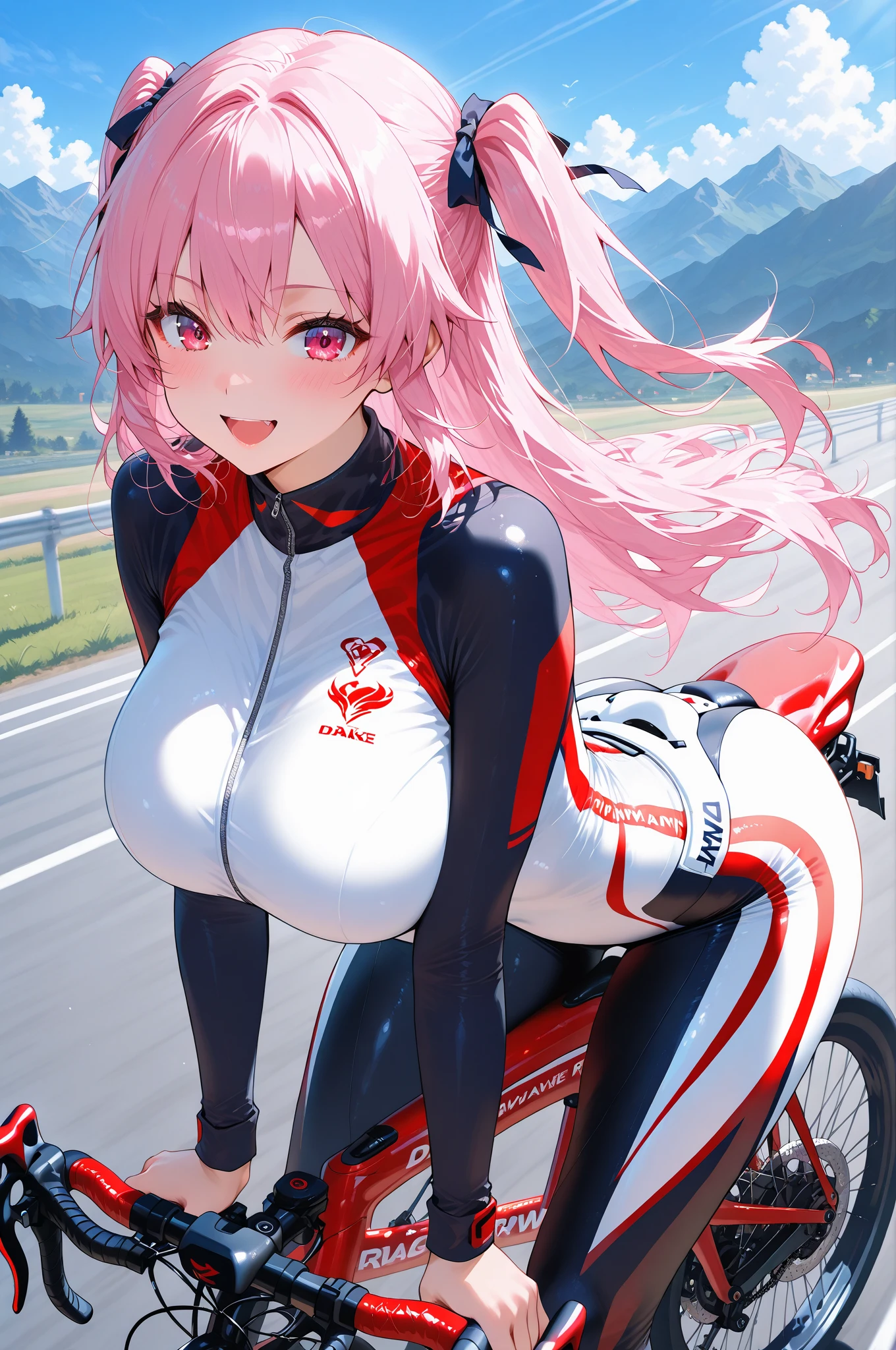 One girl, Animal ears, bangs, blush, Bodysuits, chest, Mouth closed, fake Animal ears, gloves, Headphones, headset, Horse's ears, Impossible clothes, Jacket, Big tits Long hair, Long sleeve, View your viewers, pink Bodysuits, Pink Eyes, Simple Background, Fits perfectly to the skin, smile, alone, Twin tails, Upper Body, Very long hair, White Background, white gloves, Gray Hair,Alice \(Nod\),(masterpiece:1.4),(Highest quality:1.4),(Shiny skin),Realistic