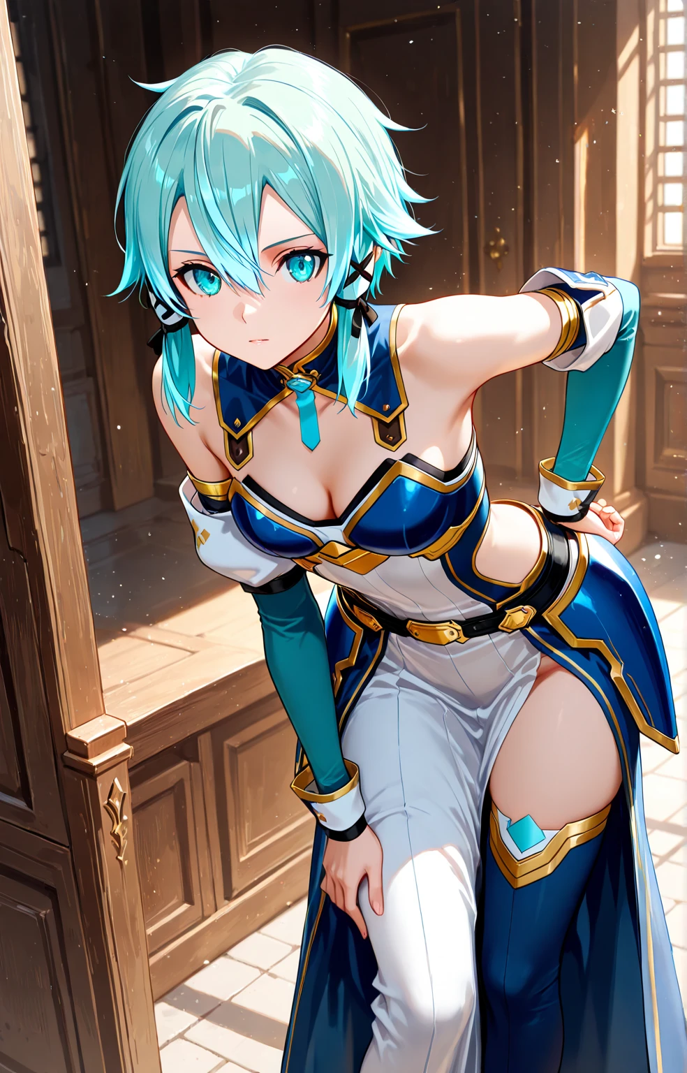 NSFW,masterpiece,Highest quality,High resolution,Super detailed,Sinon\(Sword Art Online\),armor,breastplate,Hand guard,leotard,skirt,gem, hair ornaments, Hair Clip,Embarrassed,Watery eye,smile,blush,Fantasy,inn,indoor