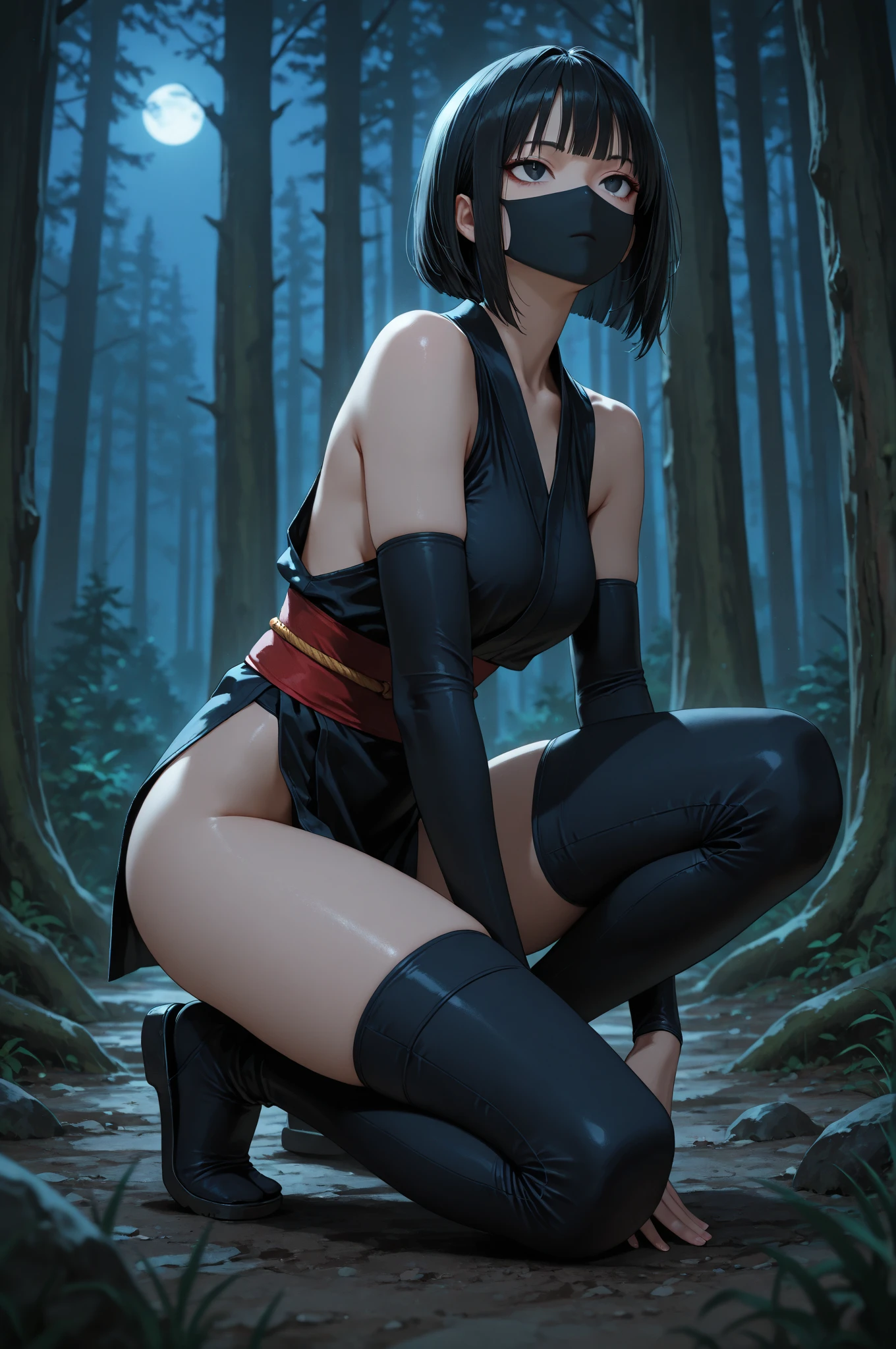 ((ninja woman, ((cloth covering her face)),((Black bodysuit, open zipper on the pussy, with a belt, with two swords in the sheath on the belt))),((gigantic breasts, naked breasts, naked pussy, erect breasts, cupping breasts)),((rock hair)),((brown eyes, desperate face)),((standing, in a haunted forest, at night)),((1 arm behind the back)) ,