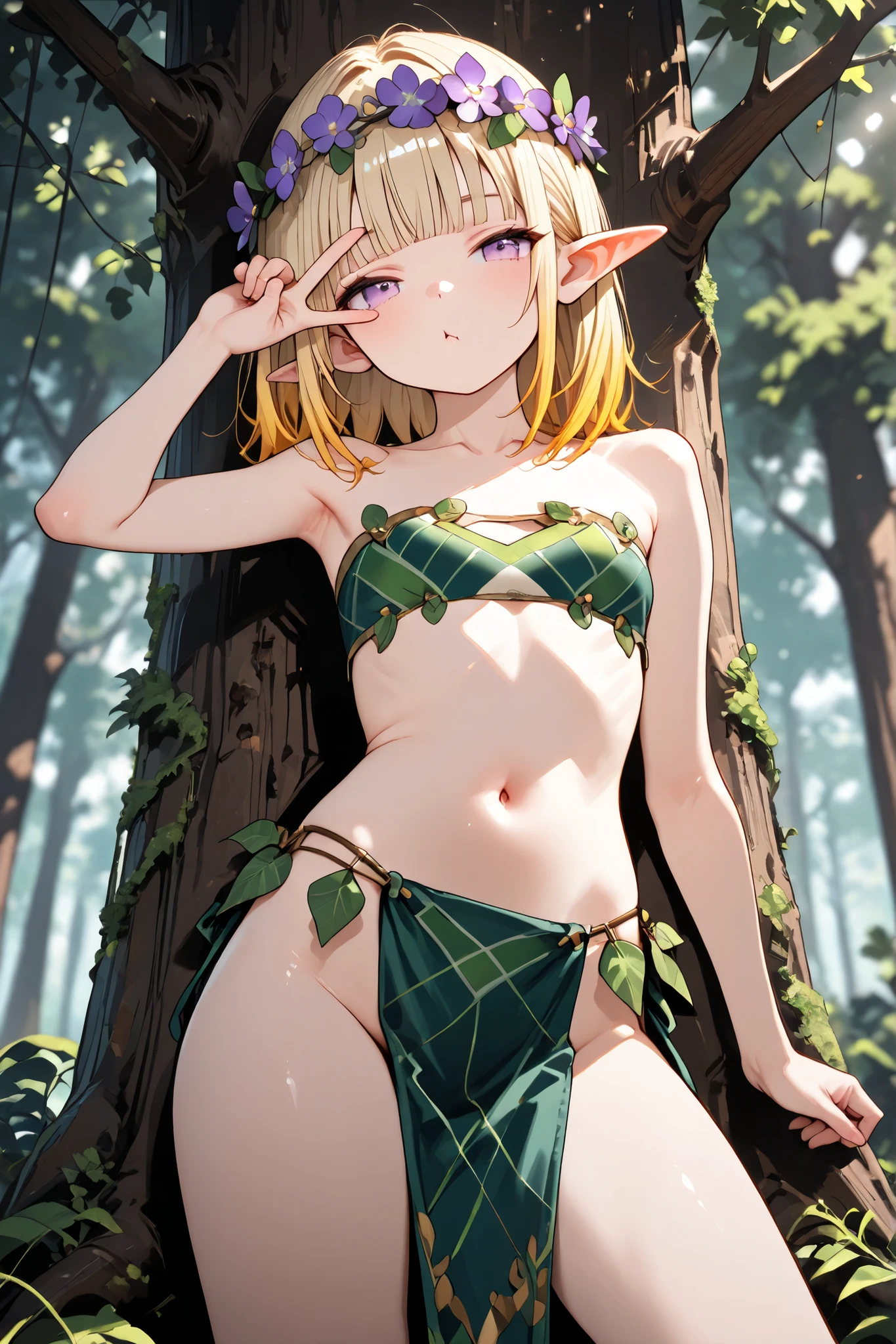 wearing lace lingerie, flat chest, sunbathing, 8 years old, lying down, , outside, smiling, sunny, bright sunlight, eyes closed, grass, blonde hair, pointy ears, hat, masterpiece, best quality