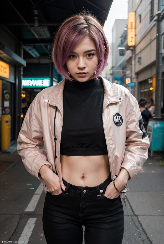 (head shot:1.5),highest quality, Little Woman, nice,whole body, , {{{Beautiful face in every detail}}}, Beautiful empathy (black) eye, Dead Rolling eye, (green) short hair, {Shaggy Cut}, bright (green) Highlighted Hair, Pink striped hair, Bare arms, Standing in front of a wall covered in hip hop graffiti, Pixie cut white hair, He is wearing a short tank top and an open-zipped hoodie..,I can see your chest,Nice ass,Wear a New Era cap