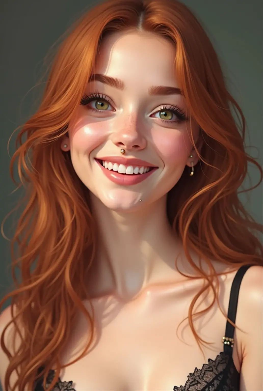 beautiful lady, (freckles), big smile, blue eyes, Long haircut red hair, dark makeup, large breasts, athletic, fit, (abs), sexy, hyperdetailed photography, soft light, (cowboy shot), cover, <lora:EpicF4nta5yXL:0.8>