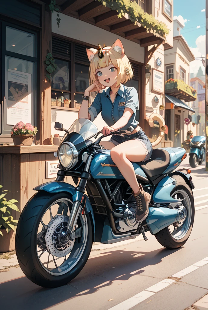 Colorful pastel world view、Girl on a motorcycle Dress like an idol 1 motorcycle Round eyes kawaii faces A smile Twin-tailed Angle shot from below FULL BODYSHOT