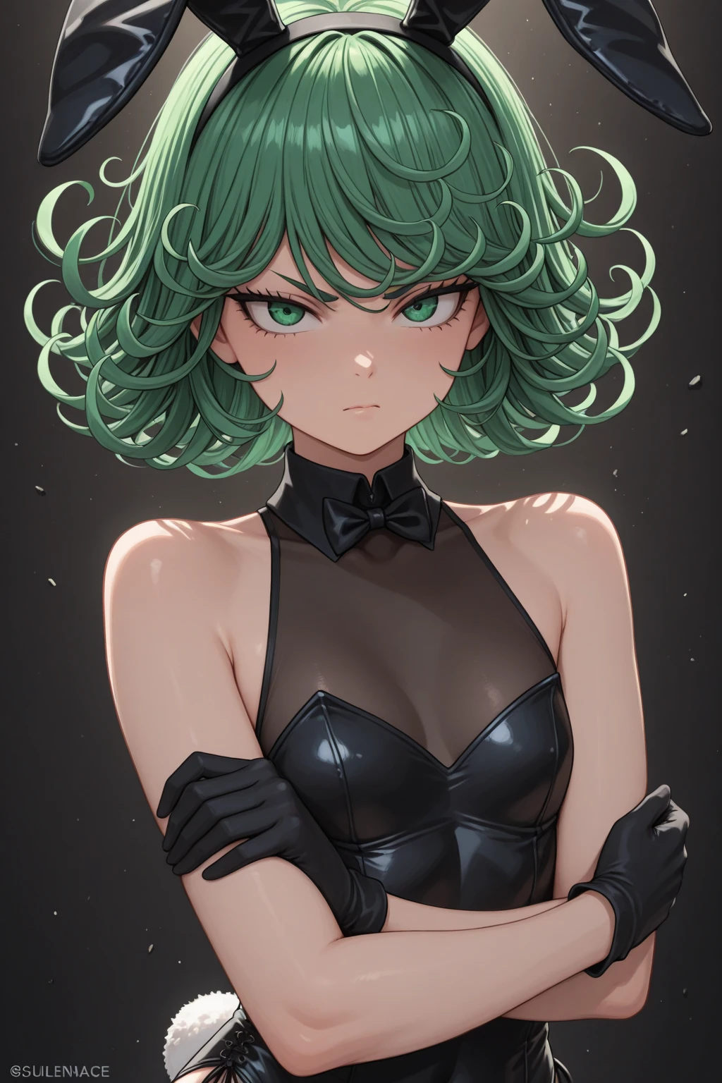 masterpiece, best quality, 1girl, tatsumaki, one-punch man\(series\), petite, lolibaba, playboy bunny, detached collar, bowtie, fishnet pantyhose, outdoors, comiket, shiny skin, from above,