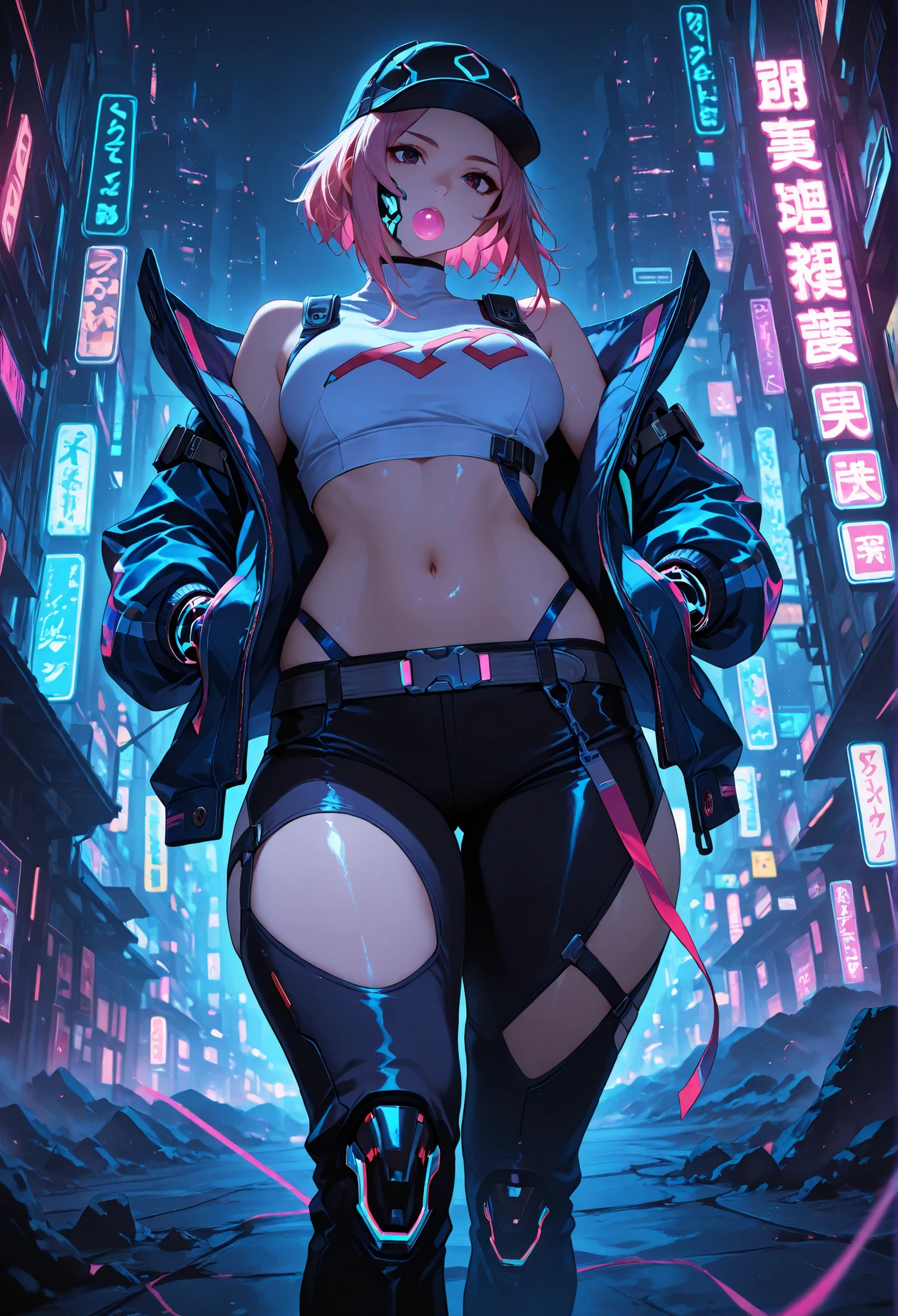 rap , masterpiece, mejor calidad, vibrant, very aesthetic, High contrast, semrealista, newest,
landscape, Neon border light , dark, 1girl, medium breasts, wide hips, huge butt, thick thighs, negro (low leg:1.3) leggings, White shirt with crop top cut, (Neon braces:1.2), dark blue open jacket, bare shoulder clothing, gunman,from below, dutch angle, shiny dark eyes,looking the other way, hands in jacket pockets, oversized baseball cap, gum, facial focus, emphasis on fine cloth, dynamic pose when walking, Twisted pose, head tilting, navel, wide throw , shiny skin, cyberpunk, REST, eyes, detailed eyes, masterpiece, mejor calidad, amazing quality, very aesthetic, high resolution, ultra detailed, absurdres, newest, landscape, depth of field, volumetric lighting