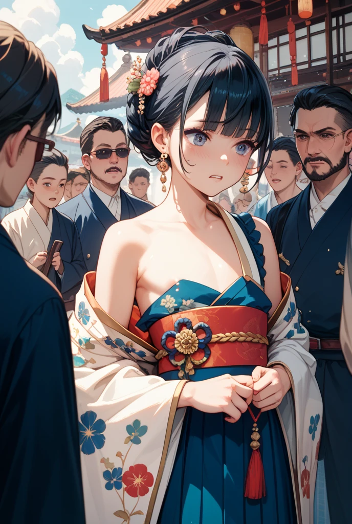 Period drama manga style A 15-year-old super beautiful Chinese girl with black hair in a bun cut(1 person) She is wearing a royal long-sleeved Chinese dress She takes a bath with the perverted old man emperor She cries She has visible nipples