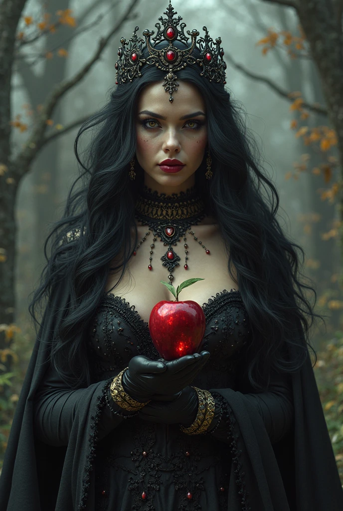 Girl,Black long hair,Black Queen,accessories,Apple in hand,Poison apples,Witch Queen,Red lipstick naked