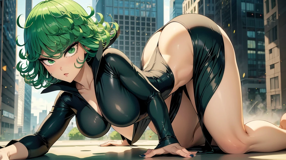 Tatsumaki, green hair. Skinny Skinny Goddess. anorexia. (gigantic tits:1.2) Thin very very thin bony legs, unrealistically long legs in tights with heels, stands on top of a skyscraper building, Highest quality, from side