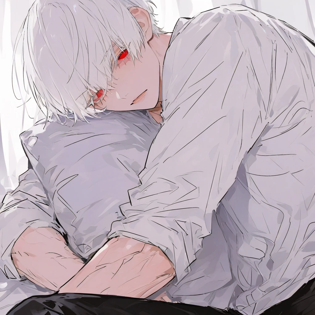 Photo of a handsome Asian man, sitting alone, White hair, red eye, daydreaming, look at the mission board, wearing black pants, white t-shirt with dragon image, fine quality, Good, photos taken by professional photographers
