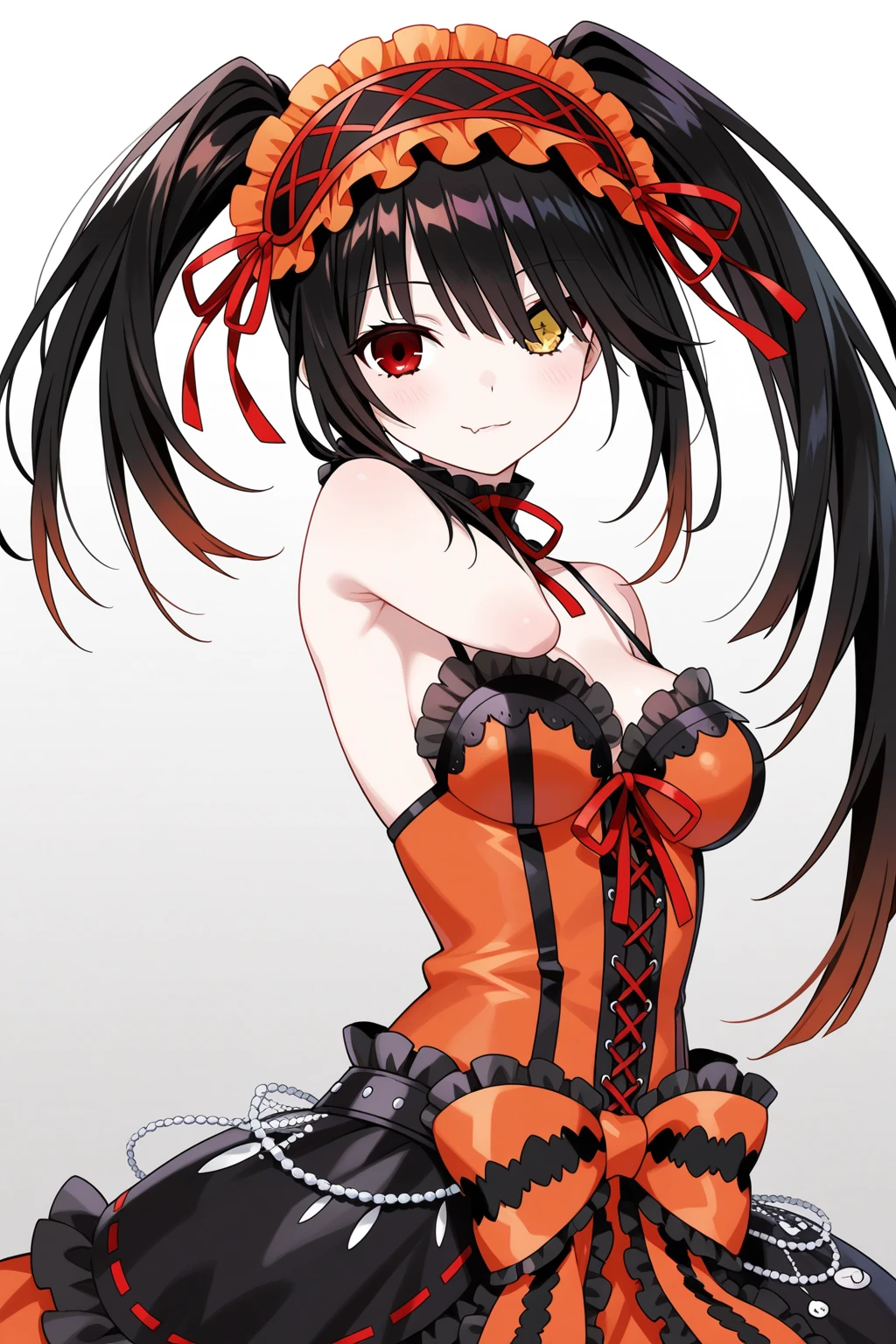 NSFW,((1 female、1 male,have sex)),riding on top of a naked man,四つん這い,Ahegao,vaginal penis,KurumiBase, (clock eyes), heterochromia, twintails, hairband, red dress, frills, detached sleeves, frilled choker,white background,best image quality,highest quality