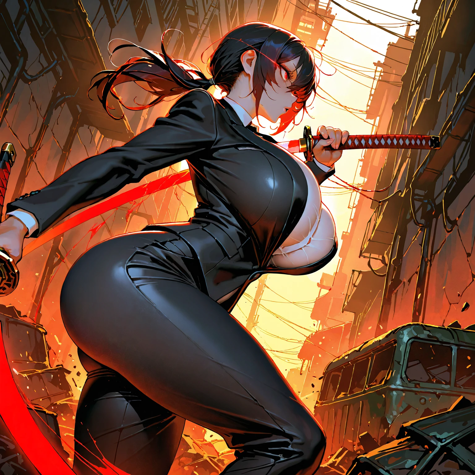 Attack stance, fighting stance, she holds a Japanese knife, 2B, NieR: Automata, black dress, short skirt, facing the camera, holding a Japanese long knife, kneeling on one knee with her right leg, kneeling with her left leg facing forward, cold, well-proportioned, anime pose, hands in front of her face, delicate face, picture coloring, black leather boots, black stockings, black boots, city ruins in the background, black stockings, more details, beautiful lighting and shadow, cinematic footage-like picture