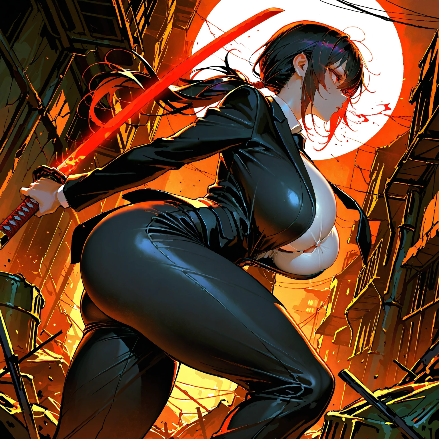  simple background, monochrome, horror (theme) there is a broken picture, black paint splatted, red blood splatted, smoked, red blood  (((anime girl character))), big boobies, wearing a mask, (((she is holding a bloody samurai sword))), messy bob hair style, more blood