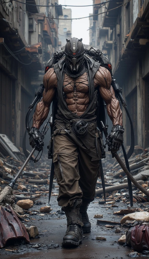 Images of a fantasy, toned character, pumped with adrenaline, bound with chains and a muzzle, with tubes and green liquid, dressed in military attire, located in a radioactive place.