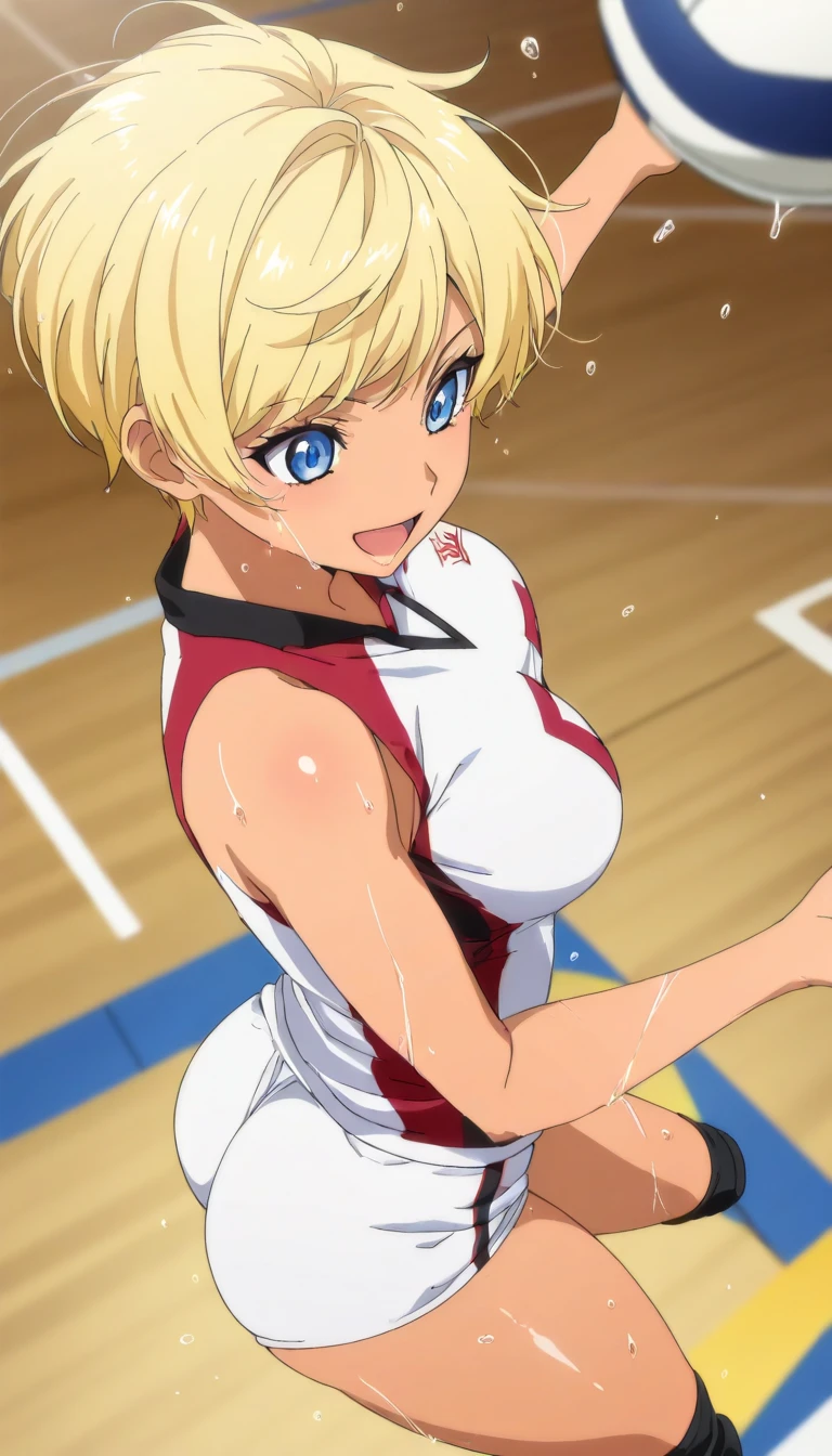 ((best quality)),((highly detailed)),masterpiece,absurdres,detailed face,beautiful face,(detailed eyes, deep eyes),1girl,((dynamic pose)), saeko tanaka, yellow hair, solo, bow, very large breasts, cowboy shot, chinese town, outdoors, seductive smile, looking at viewer, wearing orange volleyball uniform, put your hands behind your head, armpits, armpits visible, sweaty armpits,