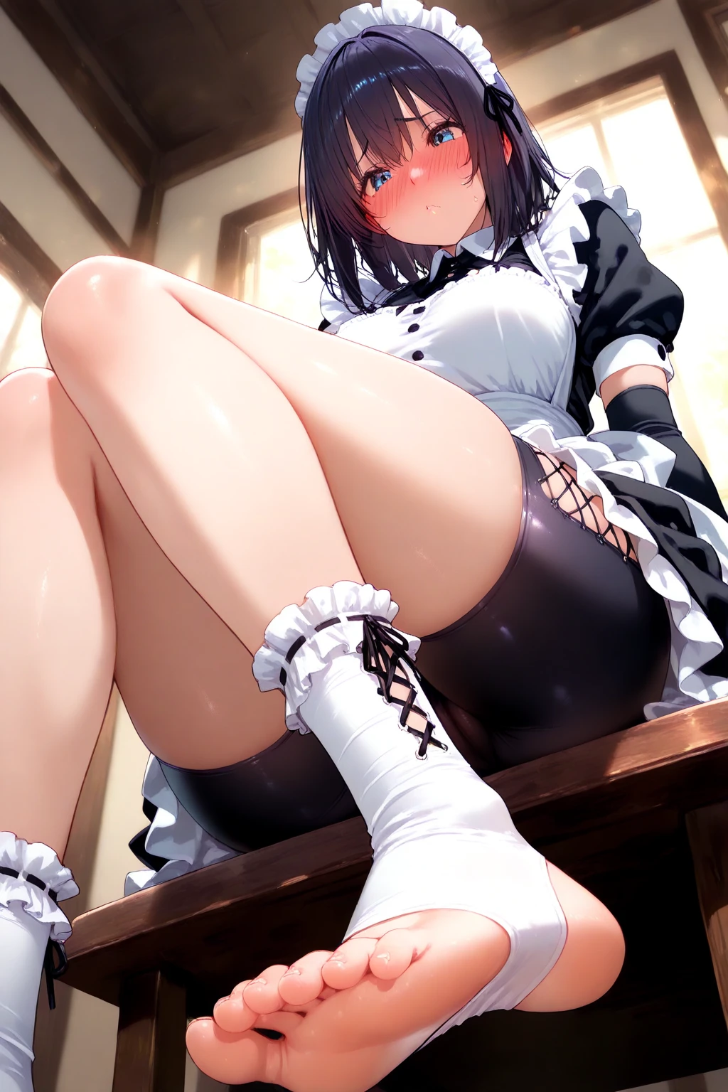 ((masterpiece, best quality)), (1girl), ((mature female)), brown hair, short hair, blush, big breast, button gap,<lora:buttonGap_v1:0.8> , (maid), naughty face, curvy, thick thighs, wide hips, thin waist, thigh strap, maid dress, nsfw, anus, pussy, spread legs, pussy juice, open pussy, looking at viewer, indoor, <lora:perfectPussy_newb0001:0.6>, bed,