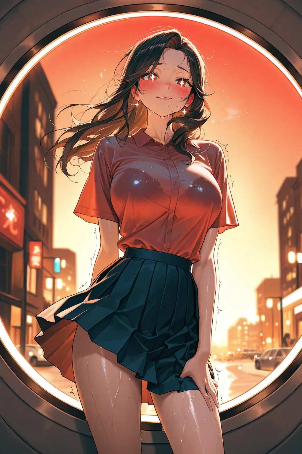 Delia Ketchum, a character from the Pokémon franchise, drawn in a sexually suggestive Manhwa style. Known for her motherly figure and kind demeanor, Delia is depicted with exaggerated curves and a youthful glow that emphasizes her allure. She is dressed in an outfit that blends her original design with a modern twist, including a short, tight-fitting skirt and a low-cut blouse that accentuates her ample cleavage. Her hair, usually kept in a bun, flows freely in the wind, giving her a sense of liberation. The scene is set in a bustling cityscape at night, with neon lights reflecting off the wet streets, hinting at the ahoego genre's penchant for the erotic and sensual. She stands confidently, one hand resting on her hip and the other holding a Pokéball, which is a nod to her character's role as the mother of Ash Ketchum. Her eyes, filled with a mischievous spark, lock onto the viewer, inviting them into her world of secret desires. The art style is clean and sharp, with bold outlines and expressive features that are characteristic of Manhwa. The background is a mix of reality and fantasy, with realistic skyscrapers blending seamlessly with stylized elements such as floating Pokémon and pulsing energy waves that create a vibrant and dynamic atmosphere. Despite the seductive nature of the image, there is an underlying playfulness to Delia's pose and expression that keeps the tone from veering into explicit territory. The color palette is rich and saturated, with a focus on blues and purples that highlight the night setting and complement her skin tone. Her attire is a tantalizing blend of professionalism and seductiveness, leaving just enough to the imagination to keep the scene intriguing. The lighting casts dramatic shadows, adding depth and dimension to her form, while also highlighting her toned legs and the outline of her underwear. The overall composition is balanced, with a clear focal point on Delia, making it impossible to look away from her captivating presen