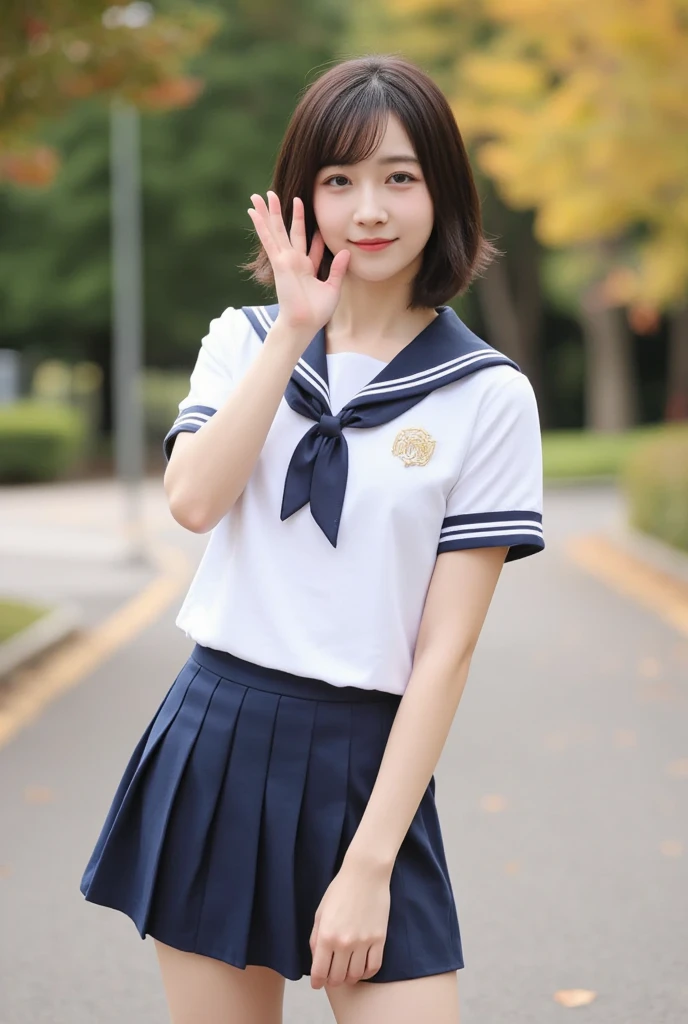 neat college girl, (school uniform, sailor uniform, ribbon tied at chest, summer uniform, upper body white, skirt dark blue, short sleeves), outside the athletic field, (slim), photorealistic, detail, skin texture, ultra detail, delicate and sexy collarbone, smile, super detailed face, detailed lips, detailed eyes, double eyelids, small breasts, small breasts, small, small, flat chest