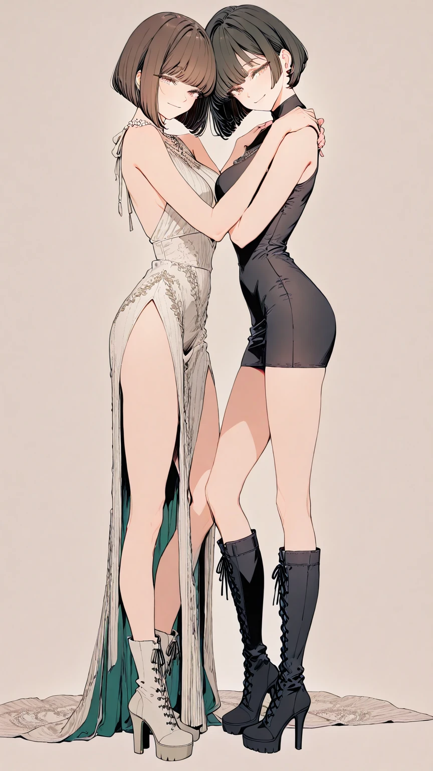 29yo girl, elegant suede tight dress, high heels over the knee platform boots, standing, light smile, chocker,  shoulders, hands on shoulders, bob haircut