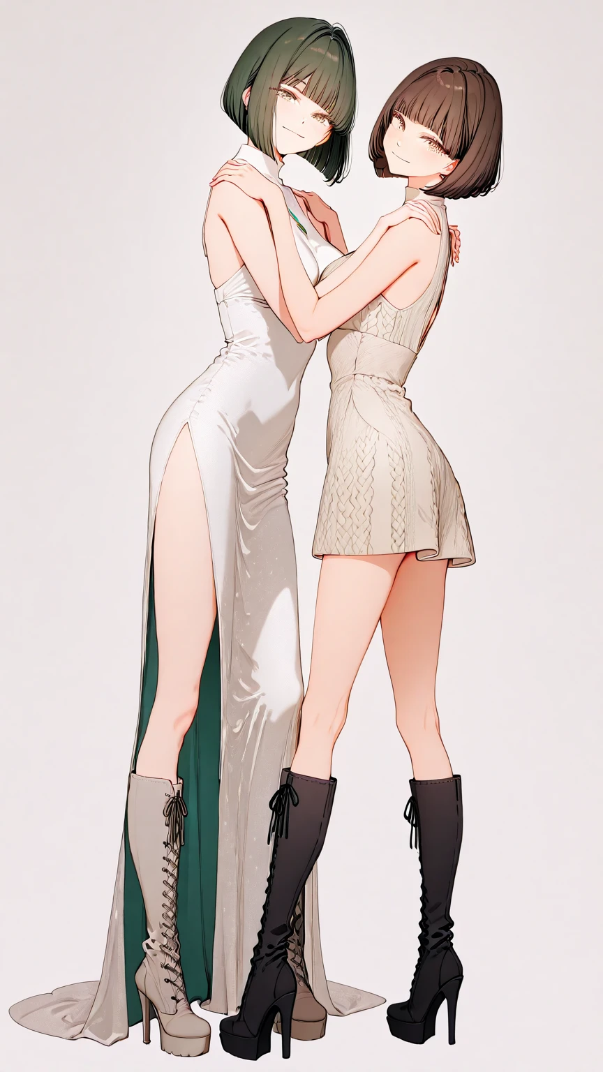 29yo girl, elegant suede tight dress, high heels over the knee platform boots, standing, light smile, chocker,  shoulders, hands on shoulders, bob haircut