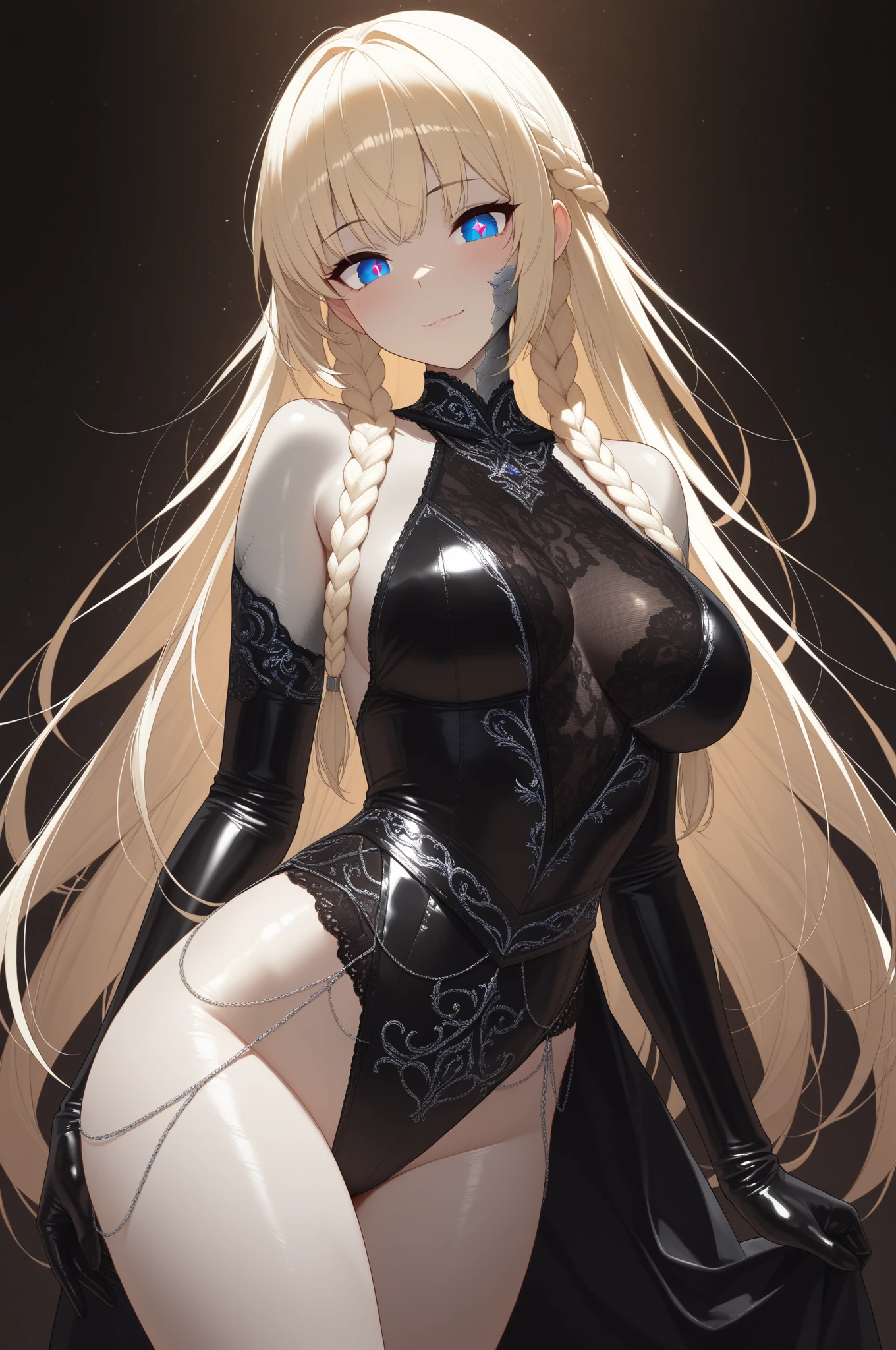 1girl, anime, cute girl, blank background, white background, fantasy, detailed fantasy dress with highlights, beautiful face, beautiful eyes, dark colors, pink hair with some streaks of blue strands, different color pupil in eye, medium small breasts (slightly big), slight cleavage, beautiful skin, cute, breast curtains, extremely delicate and beautiful, (beautiful detailed face:1.0), (detailed deep eyes), symmetrical breasts, deep eyes, shiny skin, portrait, slender waist, hips wider than shoulders, thighs, expressionless, young girl, luminous eyes, adorable,(Kpop idol),(aegyo sal:1),(Platinum blonde hair:1),((puffy eye)),Black panty,sexy posture,Superskirt, ultra high resolution,Black collar,slim figure, Abdominal y tattoo, womb tattoo,Tight-fitting leg ring,y tattoo on half-body,Bare skin, Armored hand,Hidden fingertips,Hand covered,Arm covered,Fist covered,{{beautiful detailed fingers}}, tufts of hair, moderate beautiful breast:1.0,