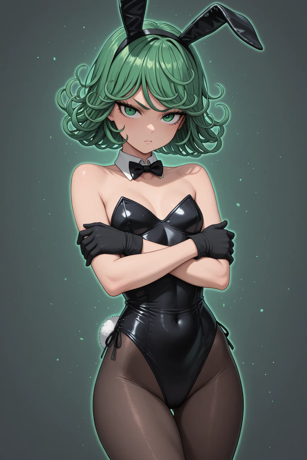 green eyes, (green color hair:1.2),By bang,short hair,, pantyhose, playboy bunny, bunny ears headband, bare shoulders, smile, cowboy shot, highly detailed, HD, 4K, Masterpiece, highres