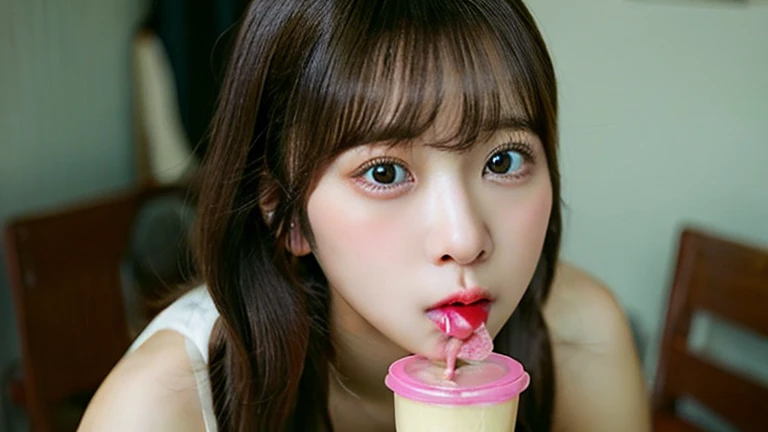 masterpiece, best quality, highres,1girl,face focus,fellatio,eating ice cream,cream on mouth,open mouth,loose shirt,looking at viewer,