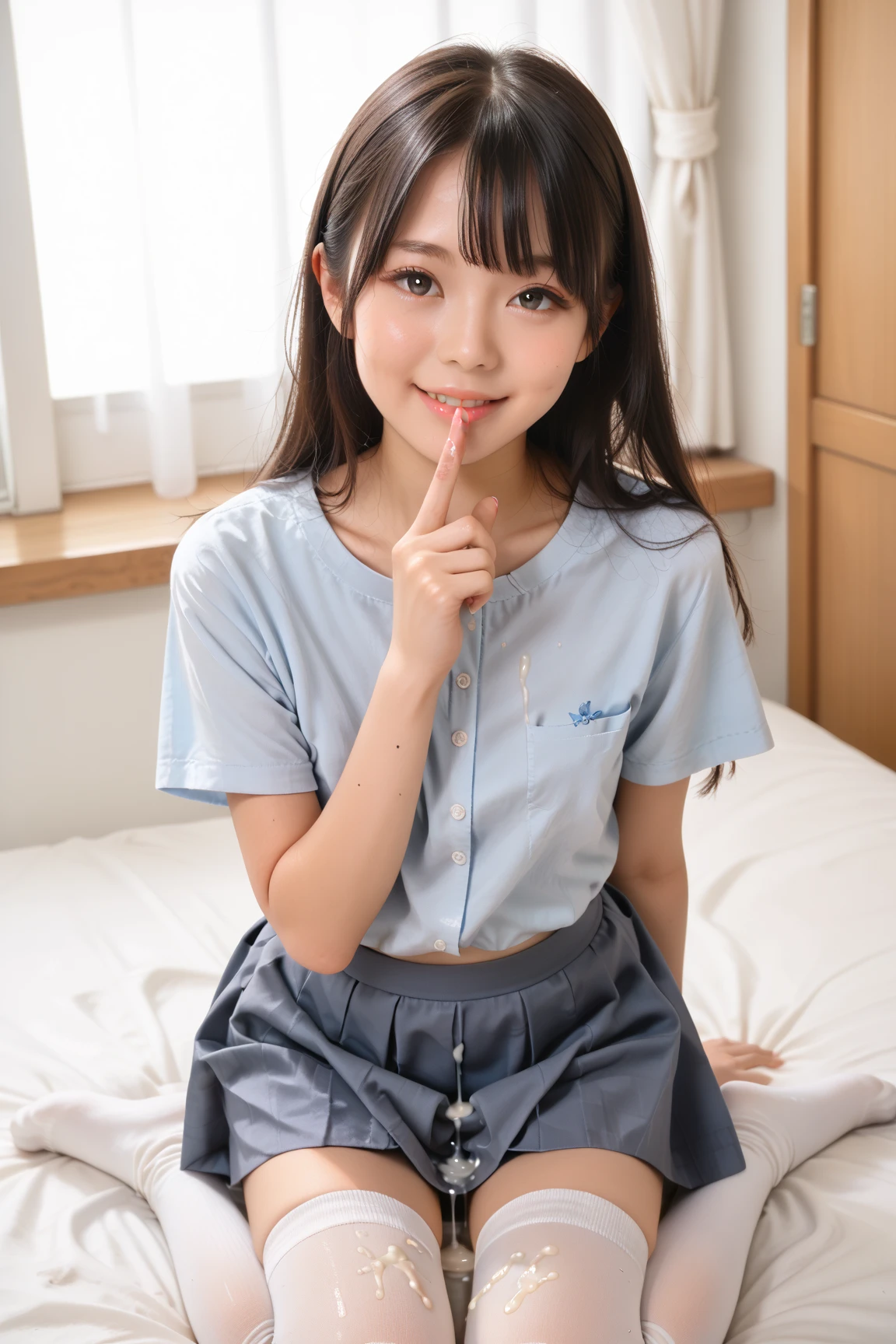 Japanese,Beautiful 6 years old,Baby Face、Upper body image、Ultra-flat chest:1.85、Ultra short height、An innocent smile、Flat Chestのクローズアップ、Flat Chest:1.85、cute,Primary school students,clavicle、Primary school studentsの私服、Summer clothes、So small and so young、On the bed:1.85、She has her arms open wide waiting for a hug:1.85、Big frilly ribbon:1.85、Strong motherhood、Ultra-flat chestの乳首:1.85