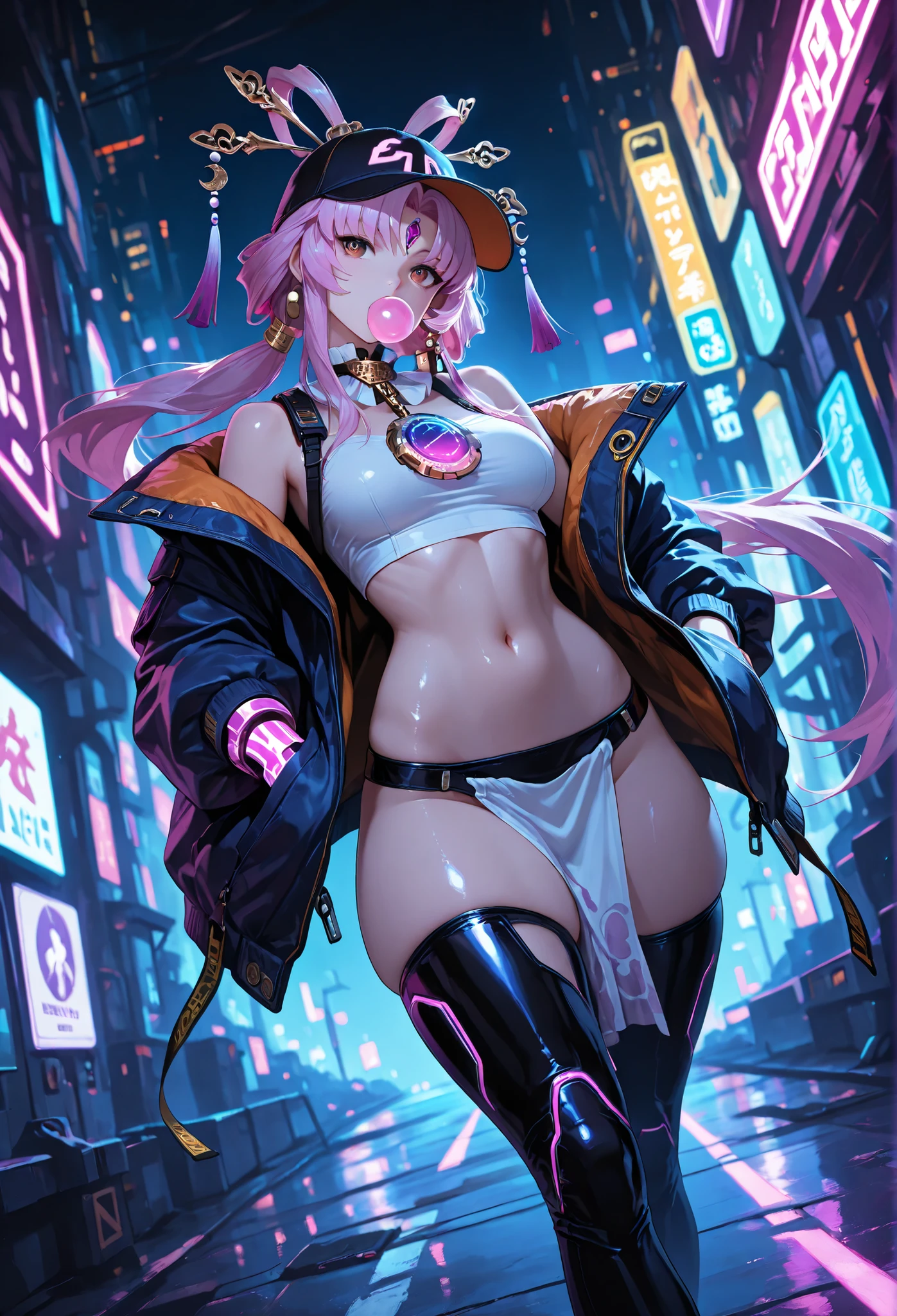 absurdres, [perfect shadows and lighting], detailed background, incredible high-key lighting, masterpiece, high quality, detailed, extremely detailed, ambient soft lighting, 4K, 1girl, glowing, glowing eyes, pink hair, hair between eyes, huge breasts, lips, long hair, looking at viewer, navel, parted lips, plump, purple eyes, solo, big breasts, arms at sides, (purple theme), Tokyo 80's Synthwave music 🎧 Chillwave Cyberpunk electro arcade mix🎵
