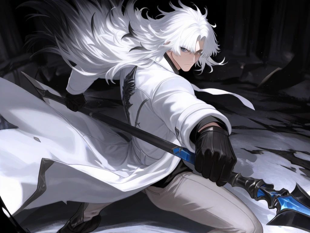 White hair,Wolf ears,Black cape,Double knife,seminude